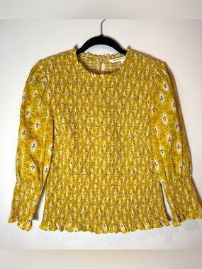 Veronica Beard Kali Shirred Smocked Floral Print Cotton Silk Blouse Yellow Sz 6